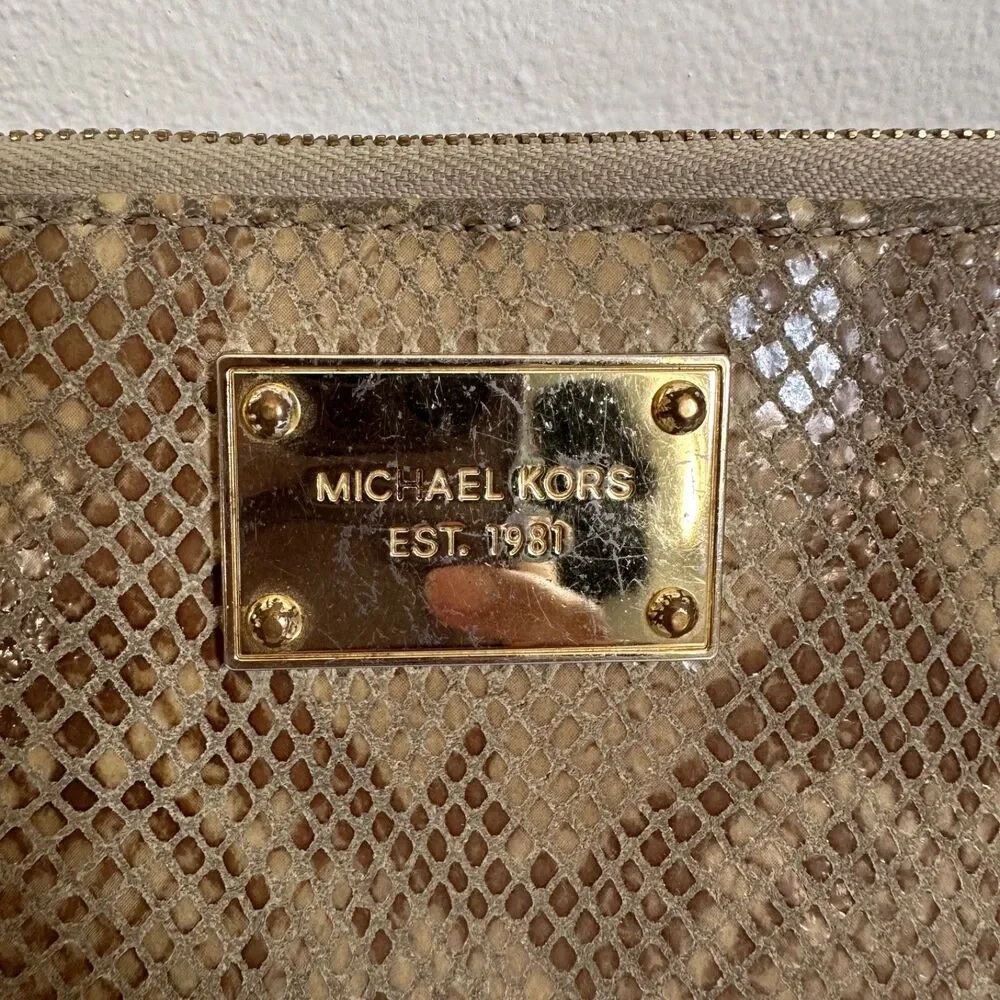 Michael Kors Women Grey Snake skin Zip Around Continental Wallet Golden Hardware